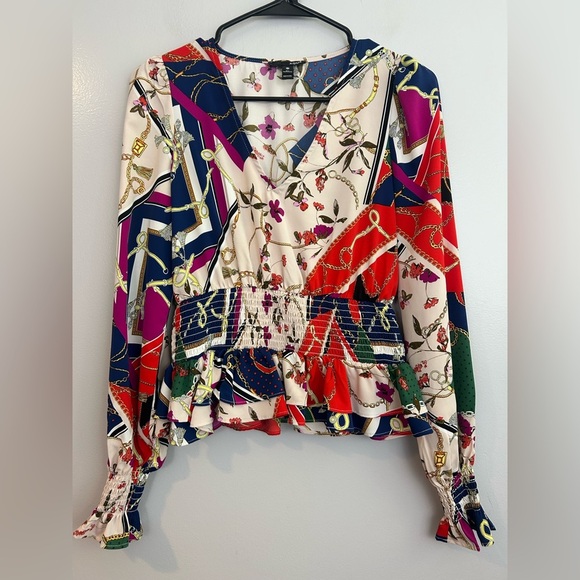 Aqua Chain Print Multi Color Floral Mixed Print Smocked Peplum Top Size XS - Picture 1 of 11
